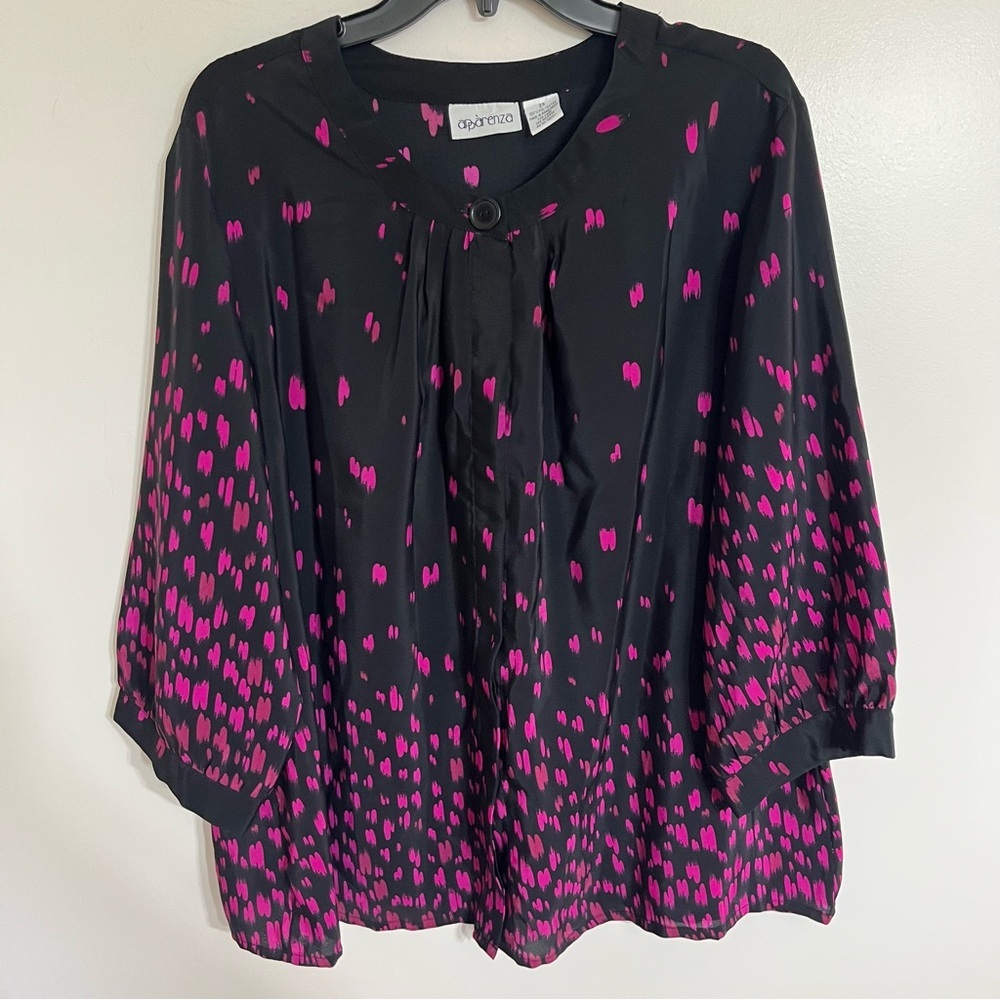 Apàrenza Black Pink Abstract Print Button Front Blouse 2X 3/4 Sleeve Top